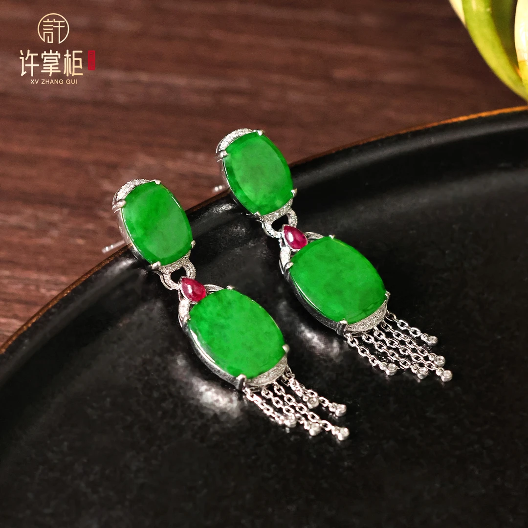 许掌柜｜灵翠雅韵 18K金翡翠耳钉天然缅甸翡翠A货双拼枕形配饰原创
