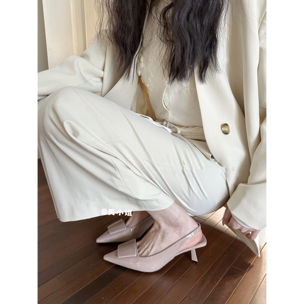 2025春夏新款法式漆皮尖头高跟鞋女细跟方扣浅口单鞋气质名媛凉鞋