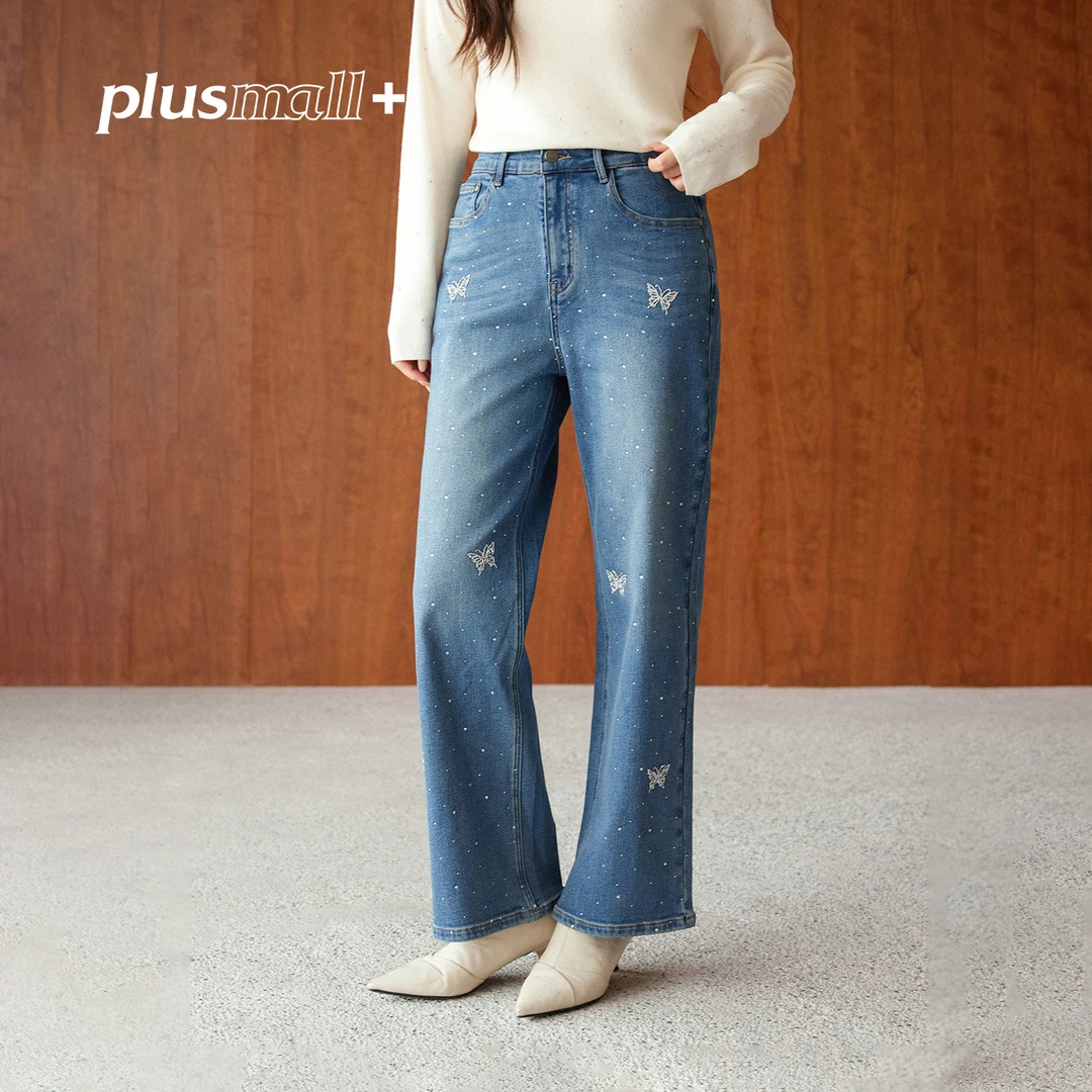 PLUSMALL 糖霜碎钻 时髦复古水洗闪烁蝴蝶烫钻直筒裤PM2512043