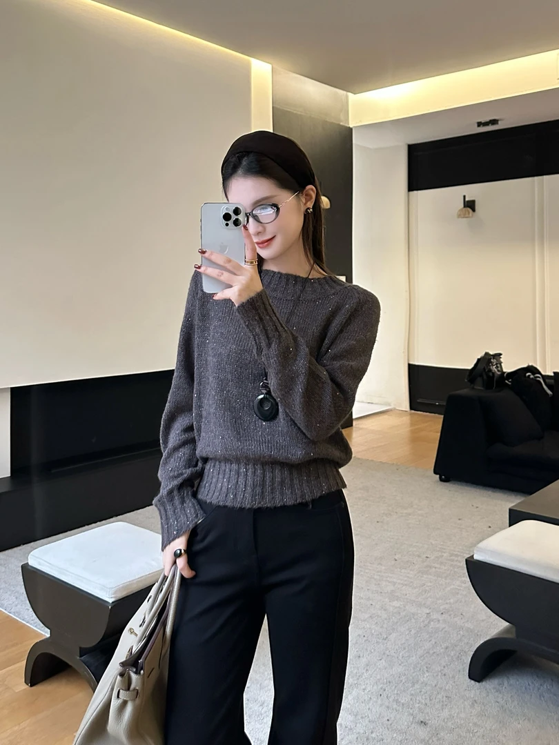 R123526W【绵羊毛】设计师款毛针织衫套头厚款长袖针织圆领套头款