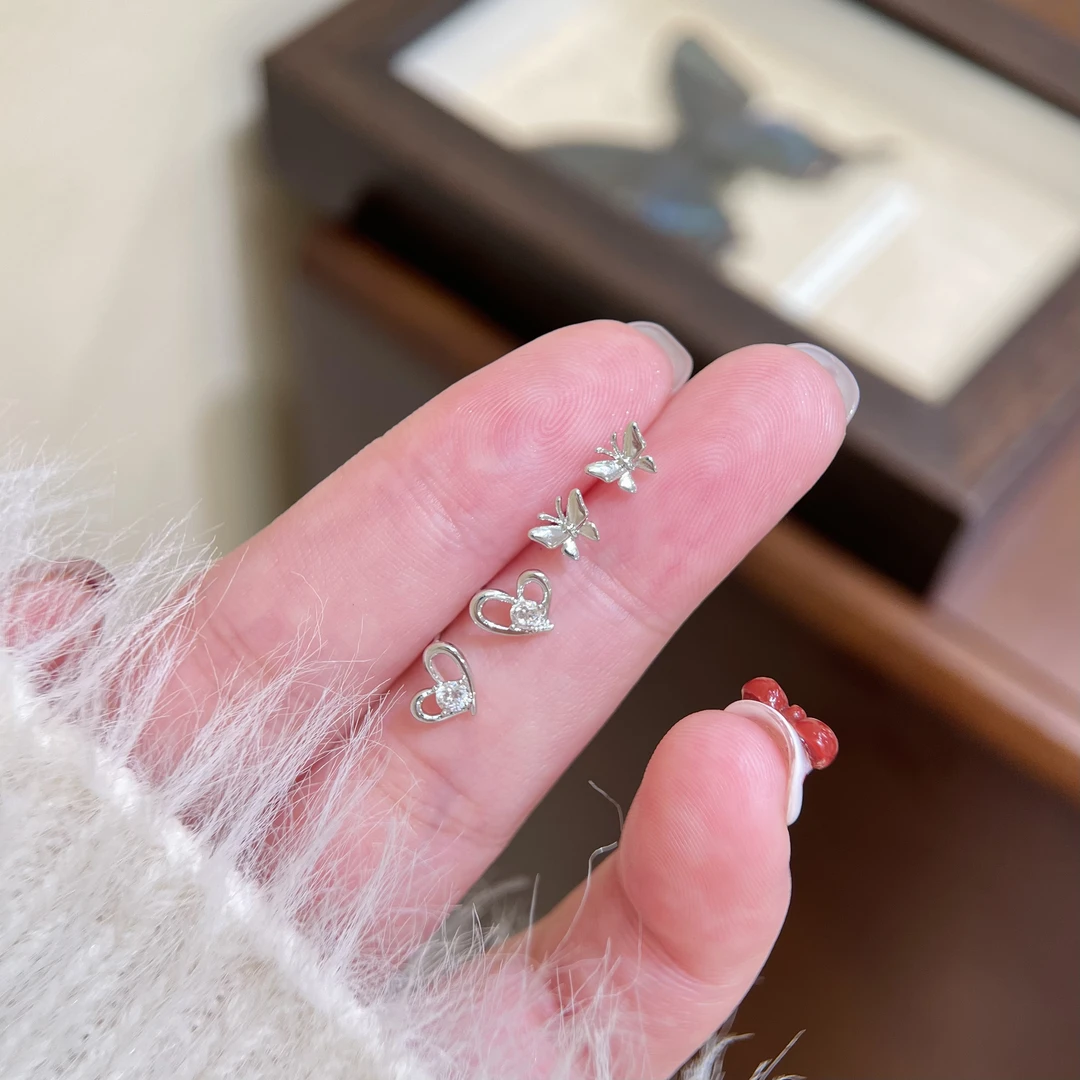 P204银色蝴蝶爱心耳钉四件套百搭时尚气质小众个性