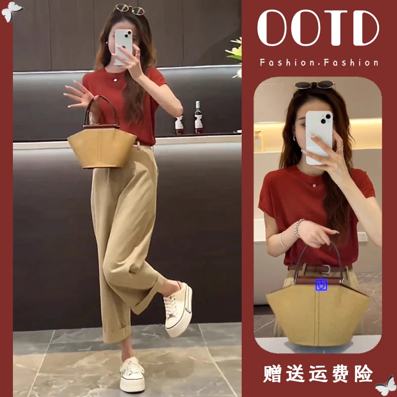 夏装搭配一整套小个子时尚简约纯色针织上衣高腰休闲阔腿裤两件套