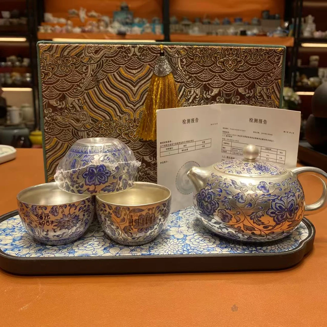 茗香瓷器 珐青花银西施壶一壶四杯家用轻奢送礼茶具-2884