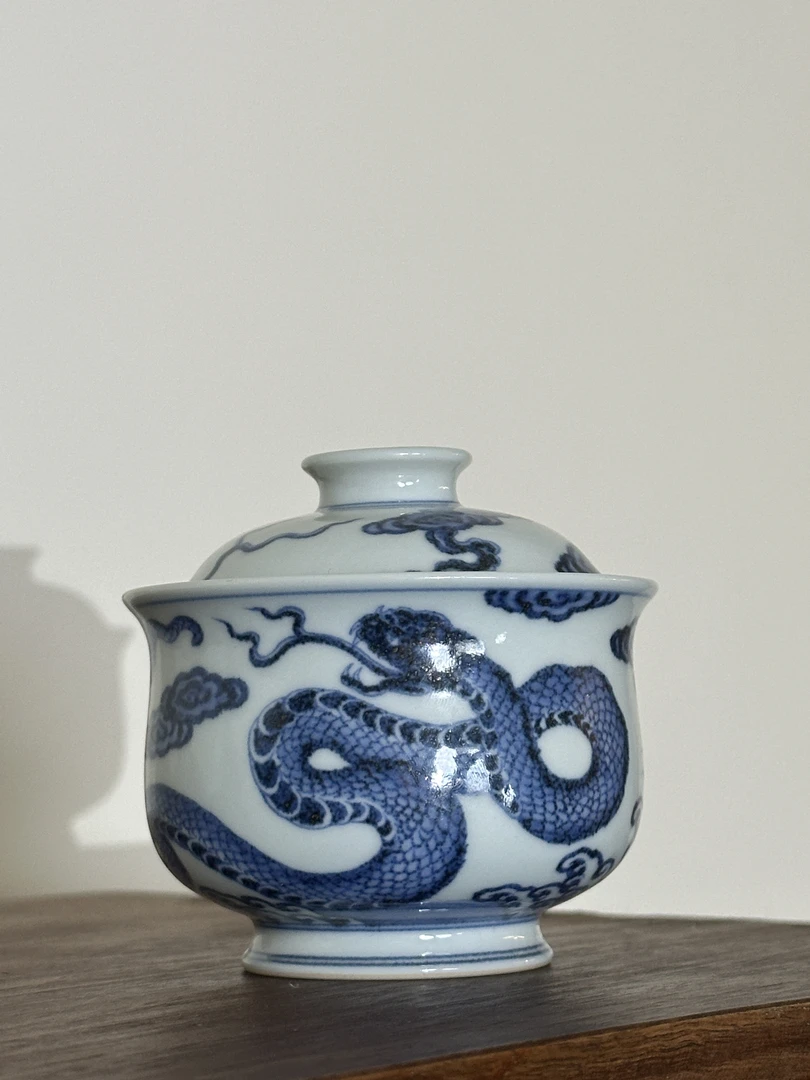 五云随安青花海水灵蛇盖碗