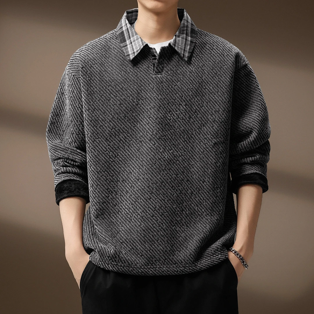 高端美式重磅老钱风雪尼尔Polo衫男士冬季撞色拼接通勤休闲上衣男