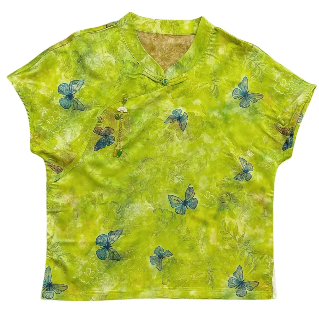 短袖蝴蝶龟裂纹国风短袖衬衫网红气质印花脏脏风新中式夏季