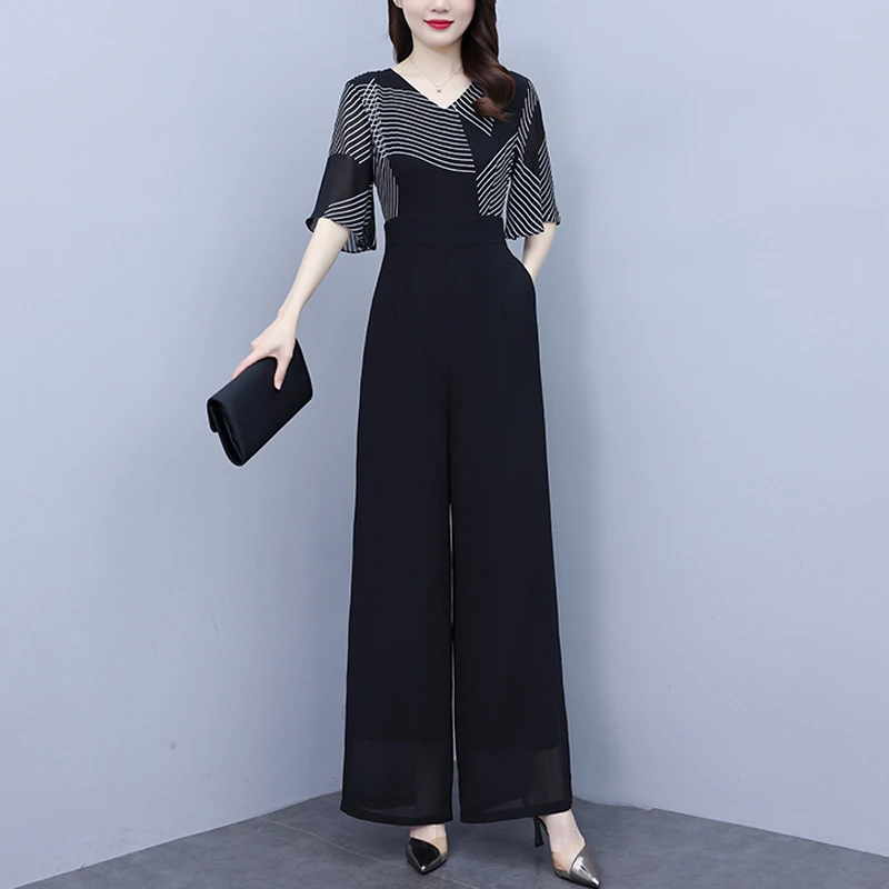 气质高级感雪纺阔腿连体裤套装女夏装2025时尚条纹拼接连衣裤薄款