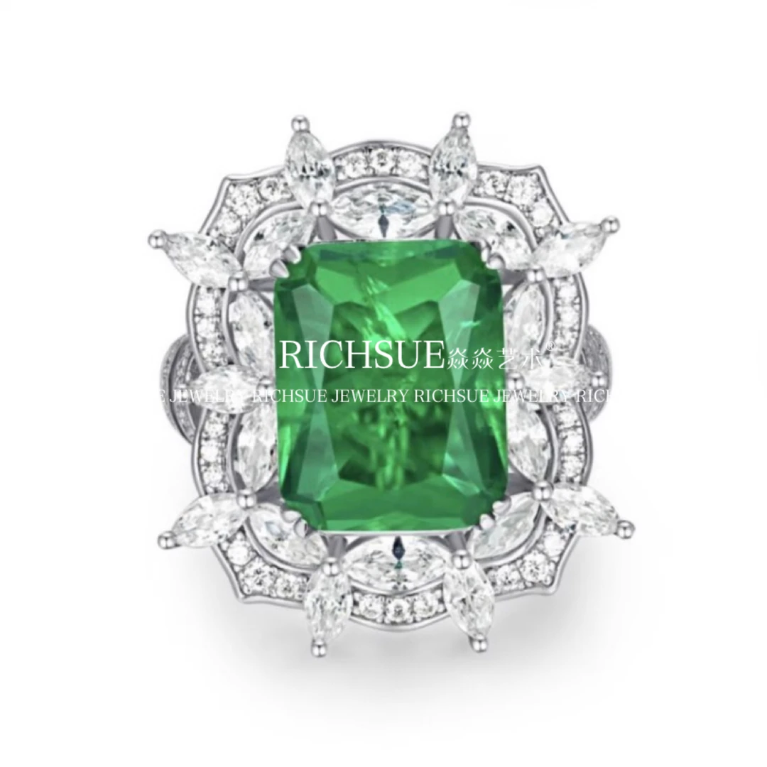 非金属合成锆石戒指 RICHSUE 鸽子蛋绿色戒指 轻奢满天星 s925银