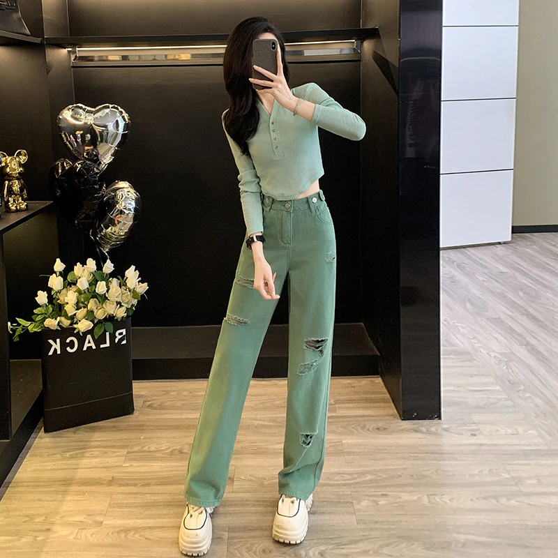 秋冬新款时尚休闲多巴胺减龄套装女显瘦打底恤高腰牛仔长裤潮女