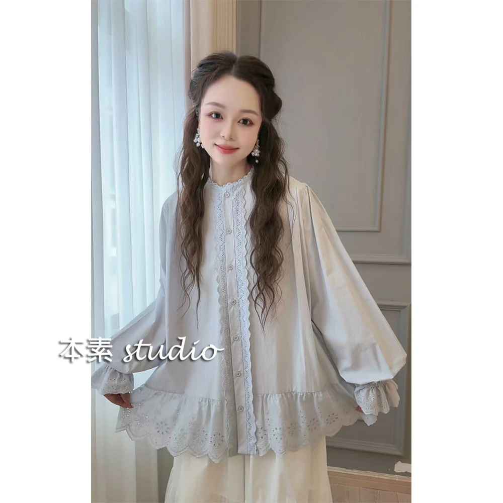 海盐C3177纯色全开扣蕾丝边圆领衬衫