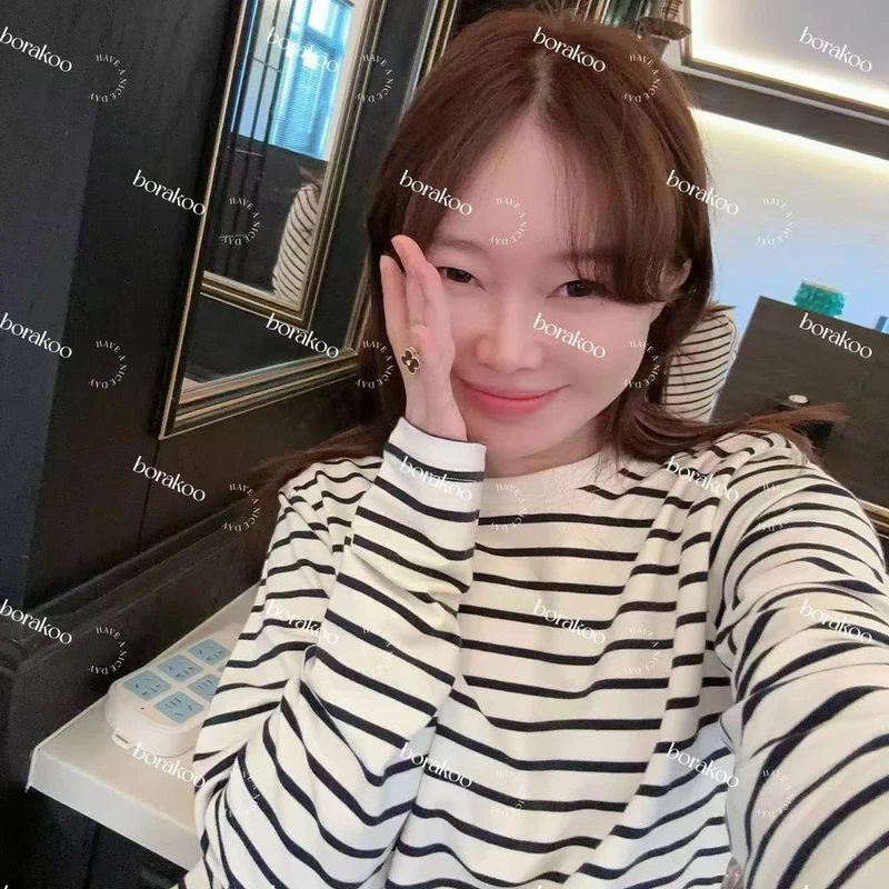 【BORAKOO】蓝白条纹简约圆领长袖T恤