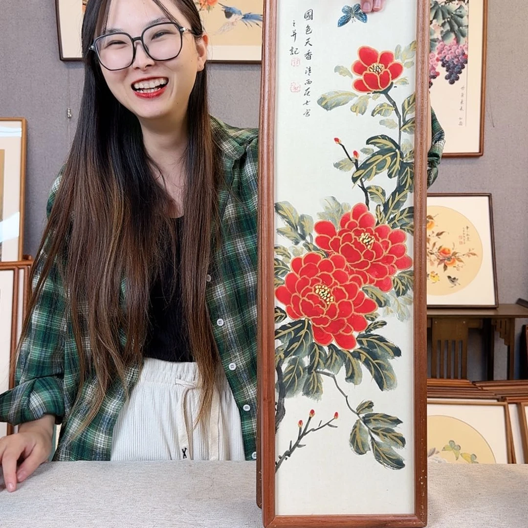 国画纯手绘，纯手写带框尺寸：20×70厘米