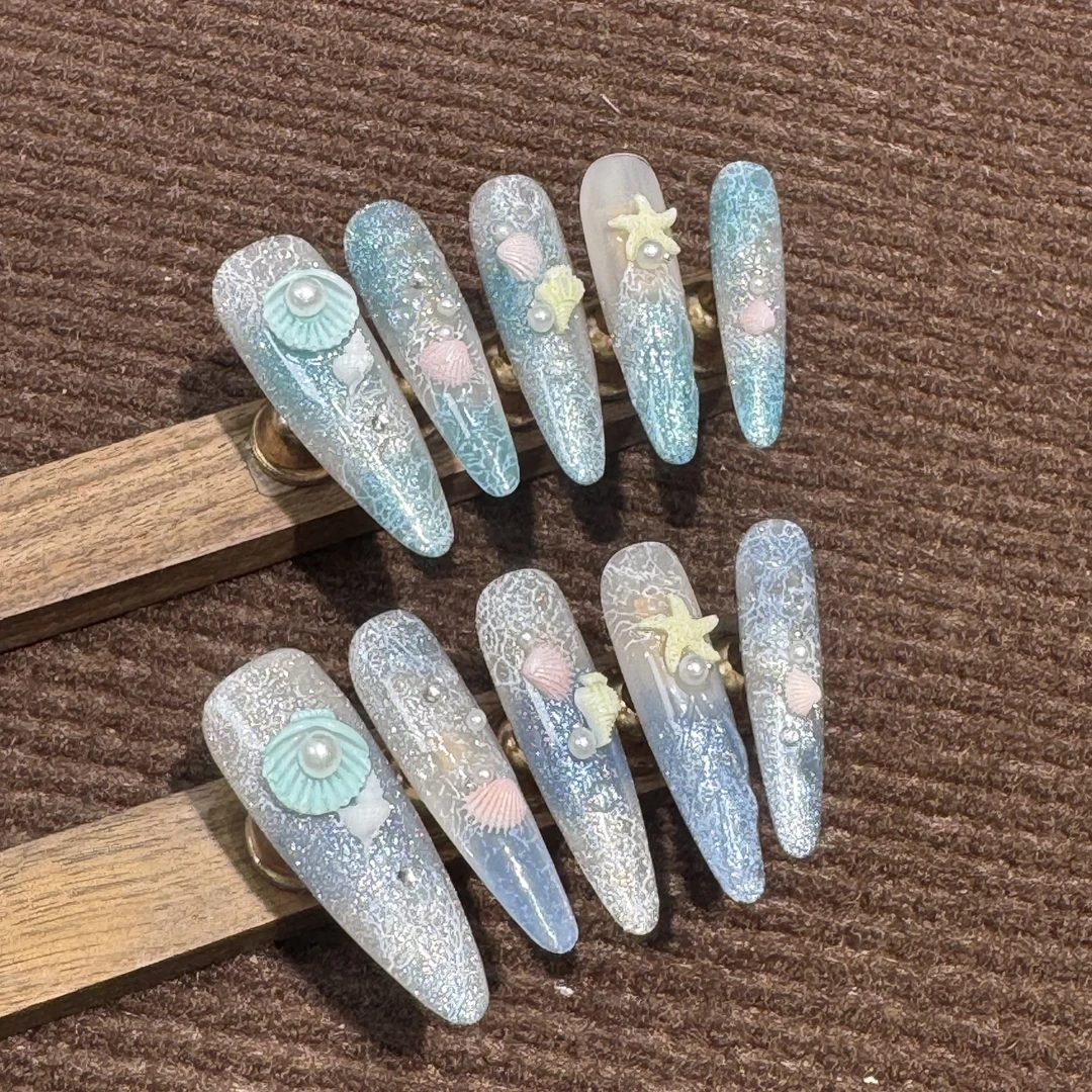 【晶蓝海贝】2025原创设计海洋款超闪主图所见即所得纯手工穿戴甲