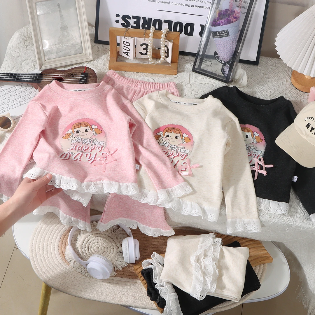 春季童装套装新款卡通休闲洋气圆领两件套女童韩版春装娃娃套装