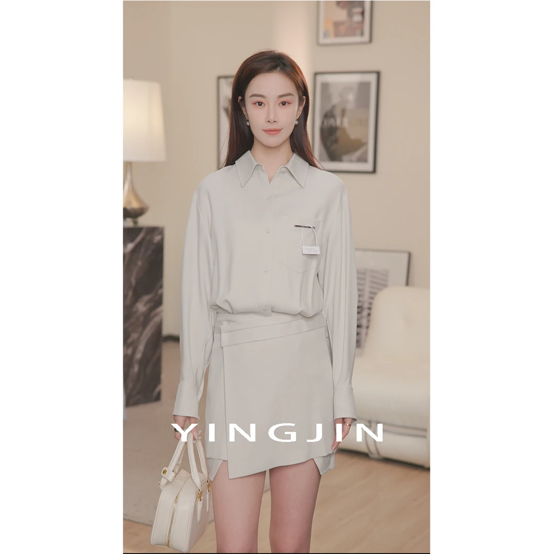 【YINGJIN】卡其灰衬衣 不规则短裙套装