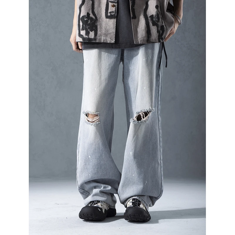 【直播】bsn1负一层（市坐)泼墨水洗破洞直筒牛仔裤潮牌阔腿男款