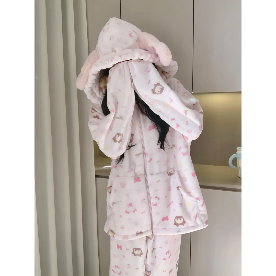 冬季新款卡通连帽半边绒保暖睡衣女可爱甜美加厚可外穿家居服套装