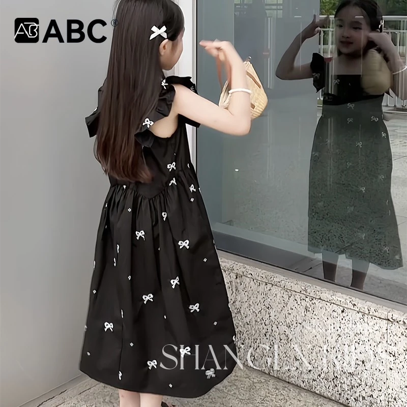 ABC女童连衣裙夏季高级感蝴蝶结刺绣超好看黑色裙子儿童2024新款
