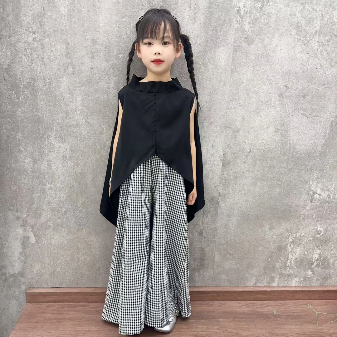 女童夏装阔腿裤套装2025新款洋气儿童夏季格子裙裤两件套韩版时髦