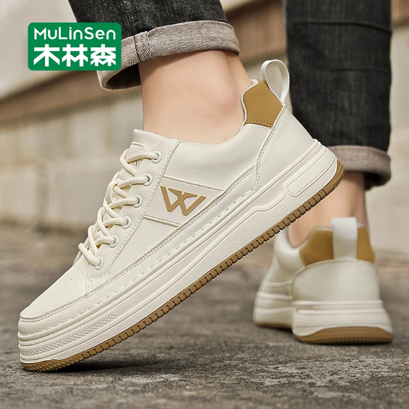 木林森爆款男鞋2025新款潮流板鞋男士休闲运动秋季皮面平底小白鞋