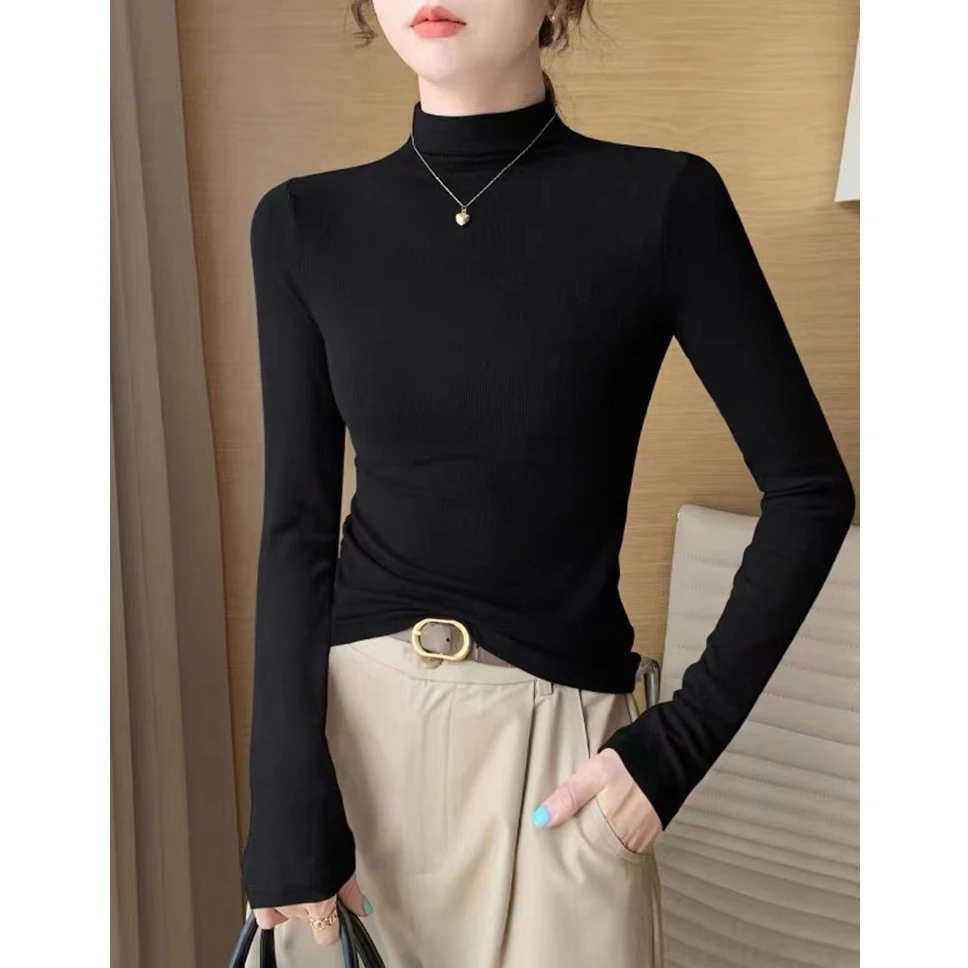 半高领气质打底衫纯色长袖T女士修身显瘦内搭上衣2024秋冬新款