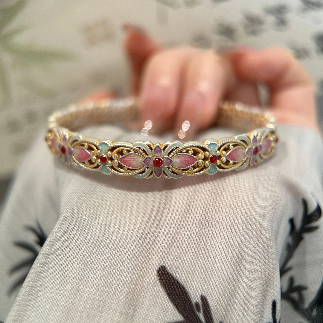 足银珐琅手镯 【圣诞礼物】足银9999手镯女中国风百搭简约纯银镯子