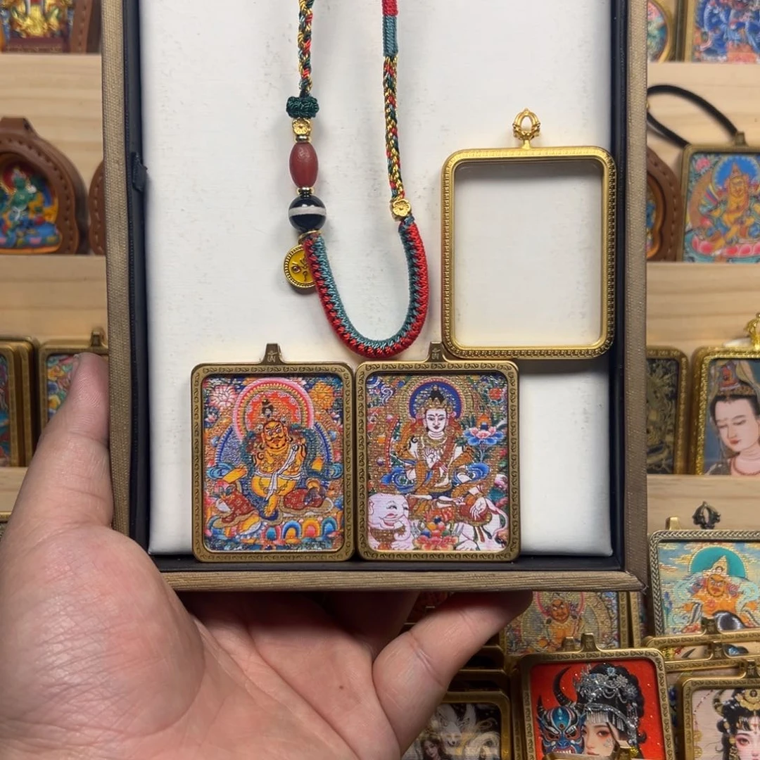 吊坠黑财神加普贤菩萨双面铜壳唐卡