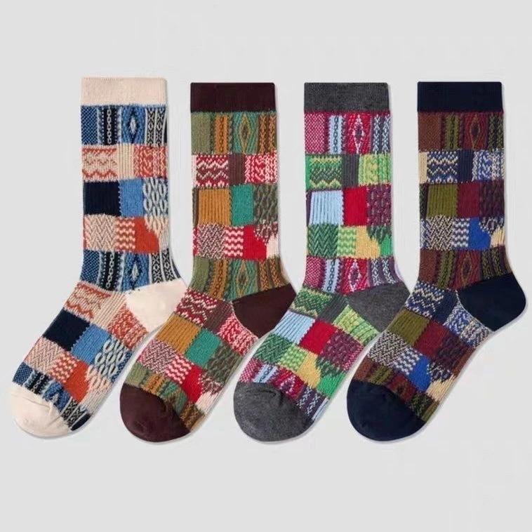 格子条纹中筒复古补丁拼色女袜民族潮袜韩版长袜堆堆秋冬加厚网红