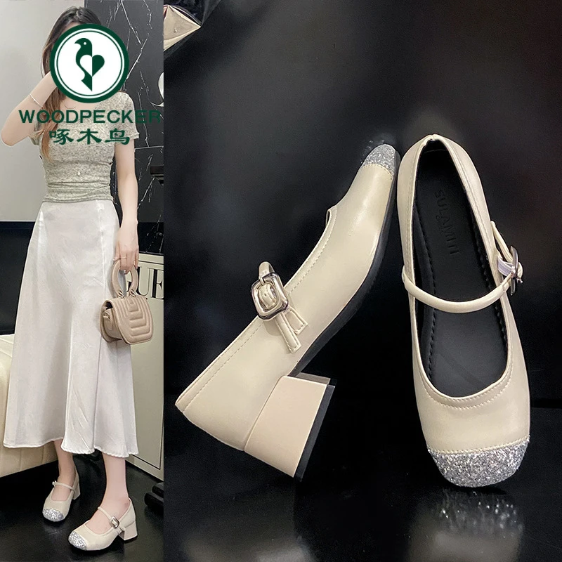 啄木鸟银色温柔晚晚单鞋女2025春秋新款法式平底配裙子玛丽珍鞋子