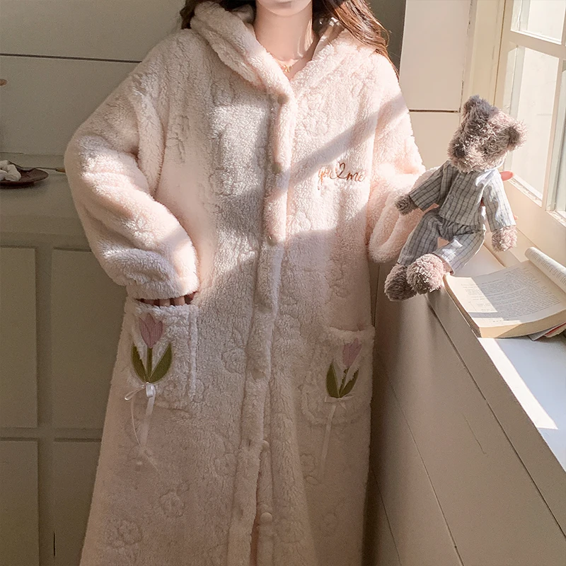 秋冬季加绒加厚法兰绒甜美公主风睡袍套装珊瑚绒连帽睡衣女家居服