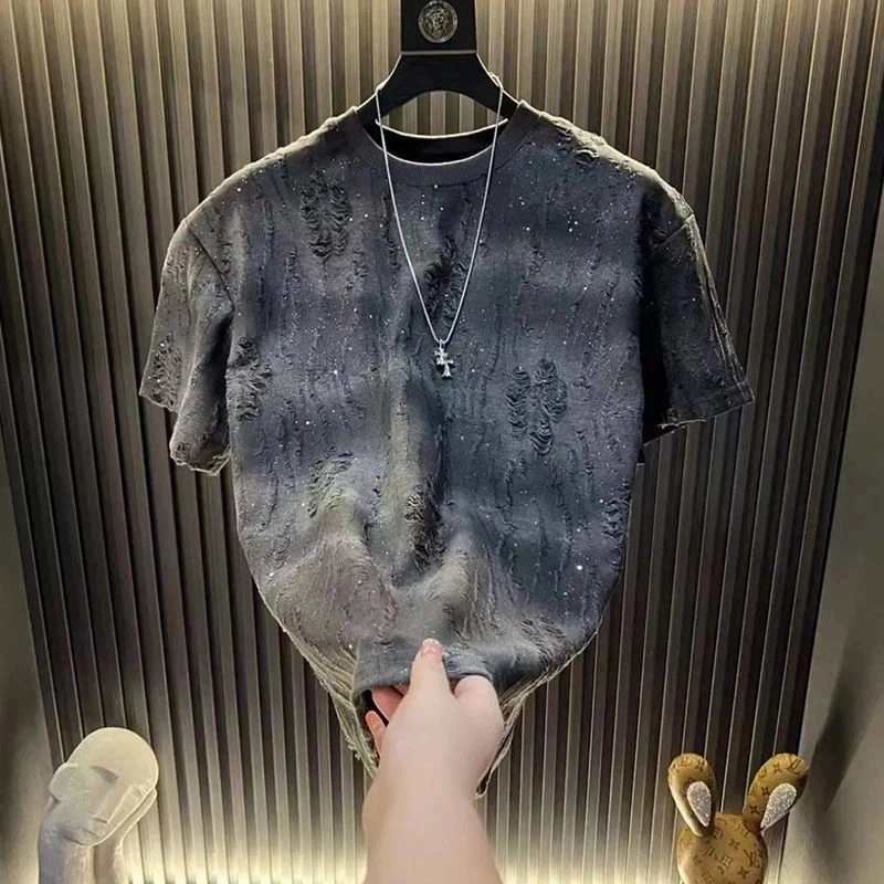 2025春夏季新款上衣时尚轻奢高定短袖T恤男潮流亮片渐变破洞圆领