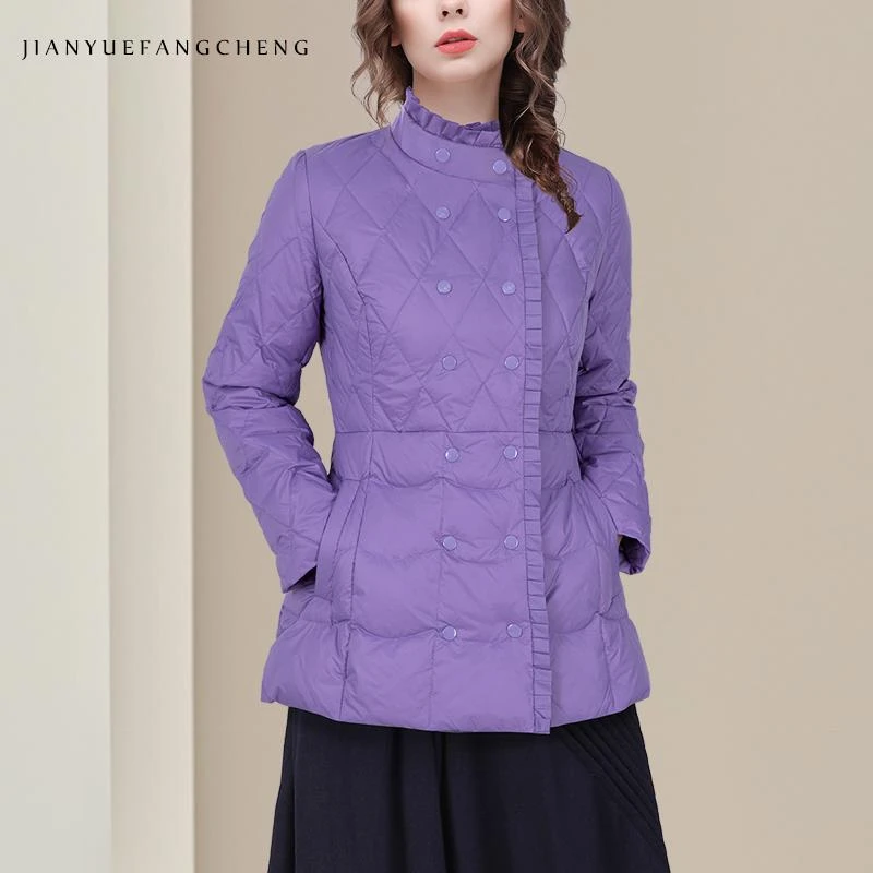 秋冬羽绒服女外套木耳边白鸭绒斜领不规则轻薄款羽绒衣WJ245035