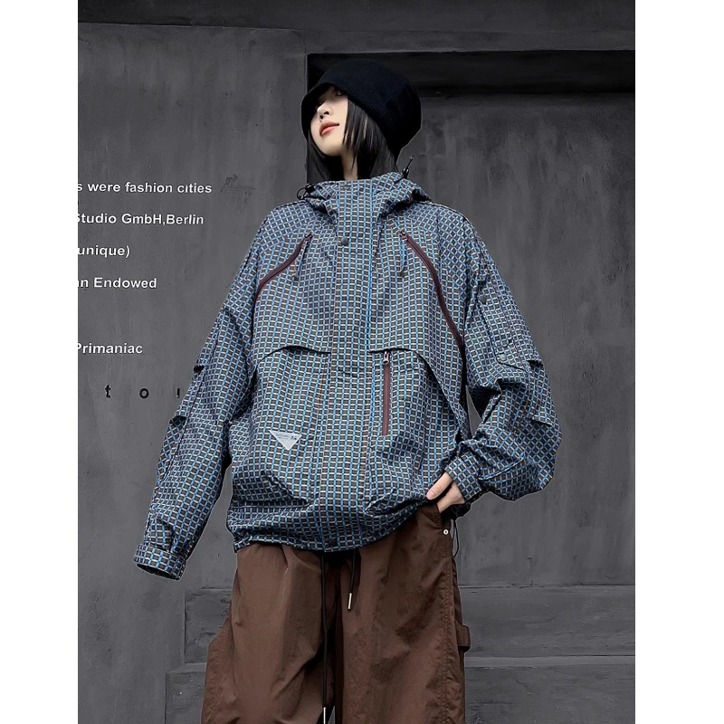 韩版300斤加大码oversize格子连帽夹克衫秋冬男女宽松潮酷冲锋衣