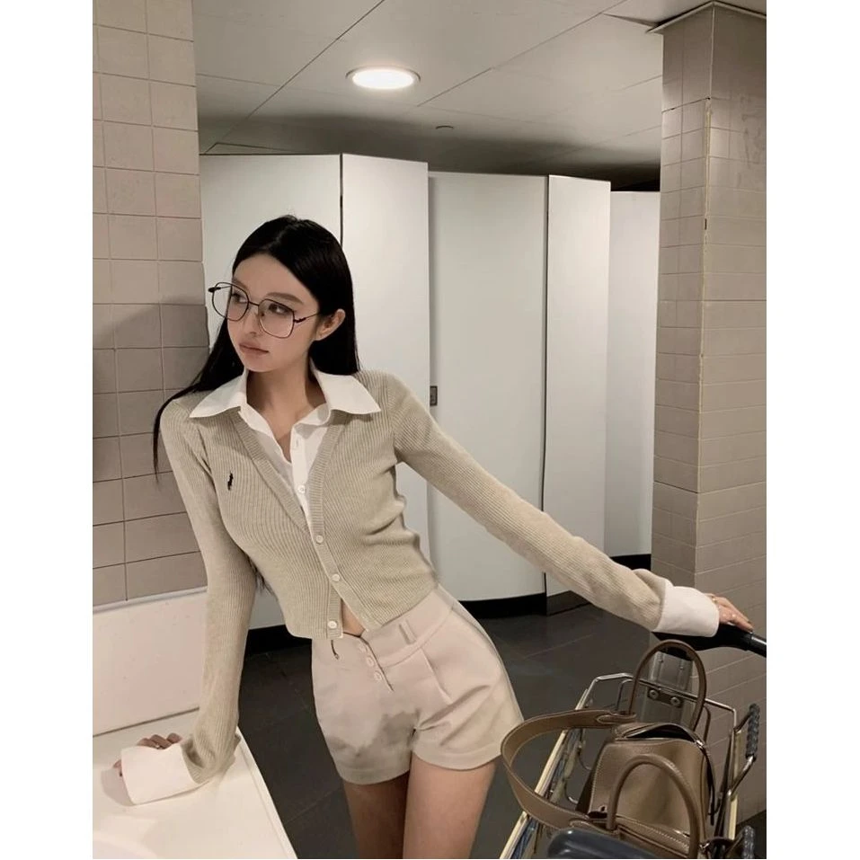 韩版假两件拼接polo领开衫女秋季2025新款洋气修身打底衫短款上衣