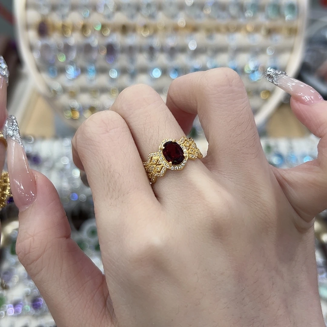 @***财石榴石戒指银S925镶嵌