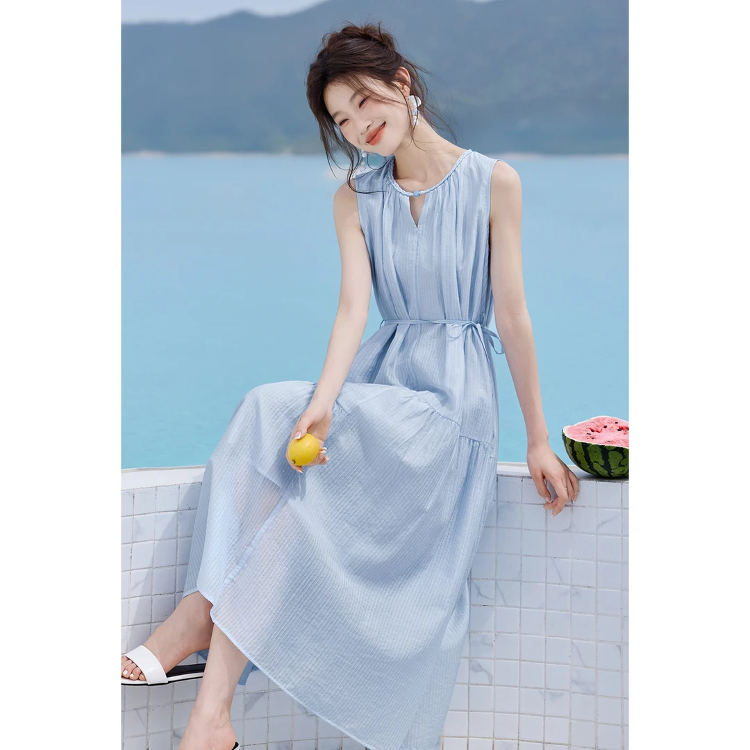 莱赛尔收腰蓝色长裙流行款连衣裙夏季新款法式薄款女透气裙子女款