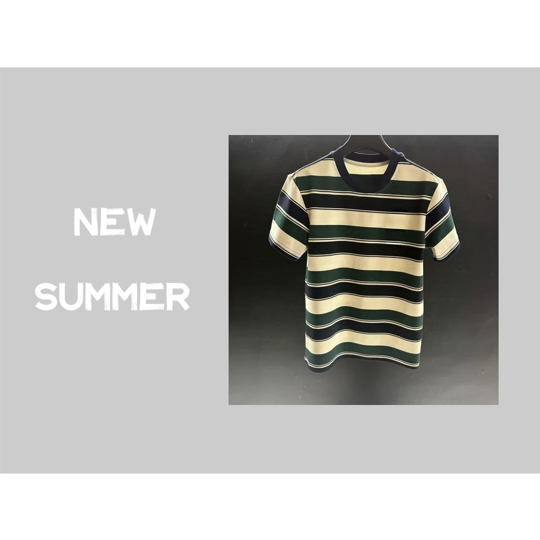 刺绣短袖撞色圆领夏季条纹T恤男装修身半袖学院风短袖6616小越