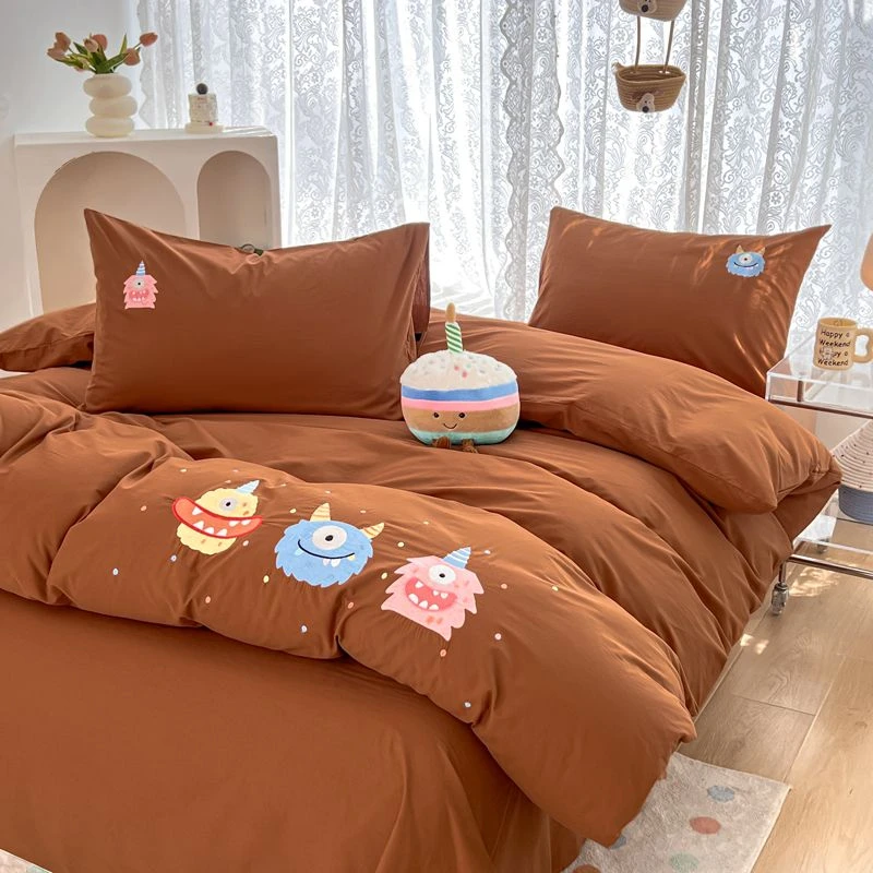 A类全棉水洗棉刺绣四件套简约纯色纯棉被套床单床笠款无印风床品