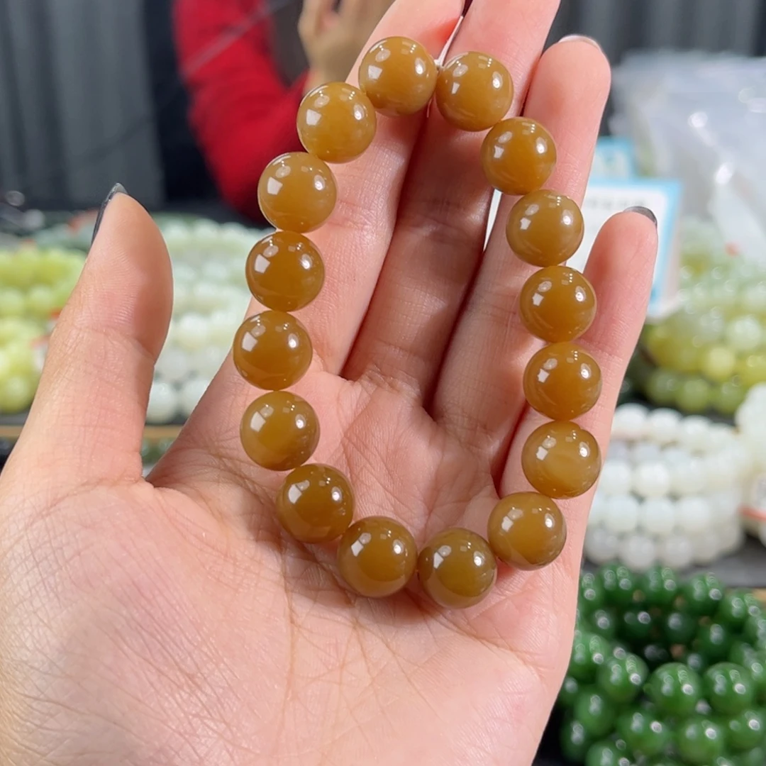 和田玉未镶嵌手链纯天然和田玉12mm新疆且末糖圆珠