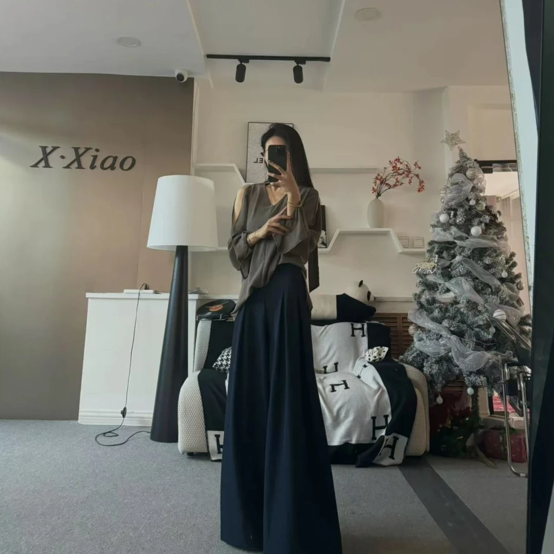 极简高腰垂感阔腿裤女宽松显瘦收褶休闲拖地长裤2071