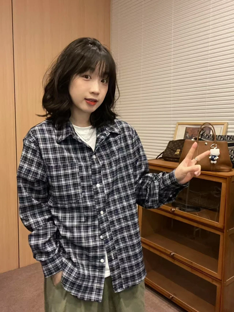 Sevbasks  七七家韩版 藏青色格纹路休闲复古百搭长袖衬衫