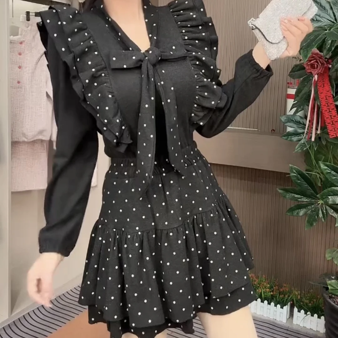 秋冬季蝴蝶结衬衫叠穿百褶裙女小个子显瘦洋气减龄套装两件套