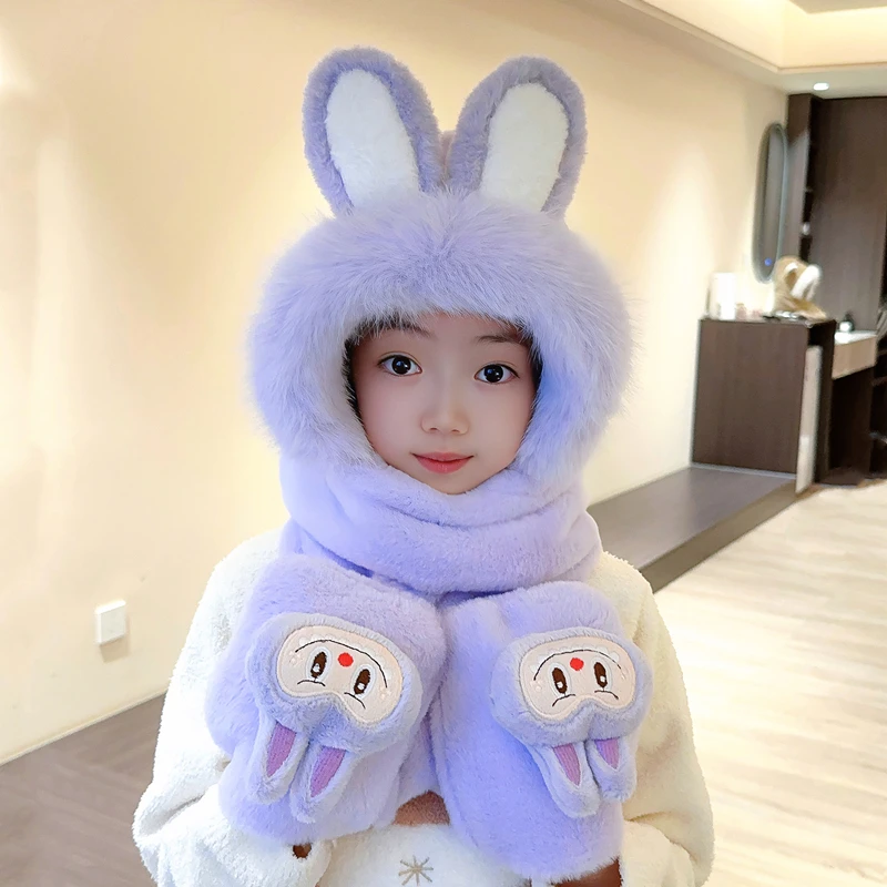 儿童帽子围巾手套三件套冬季宝宝加厚保暖护耳毛绒帽男女童一体帽