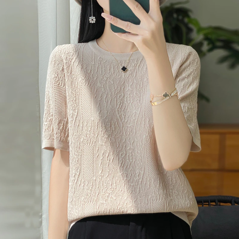 夏装2025新款大码短袖针织衫女宽松显瘦上衣洋气百搭薄款冰丝T恤