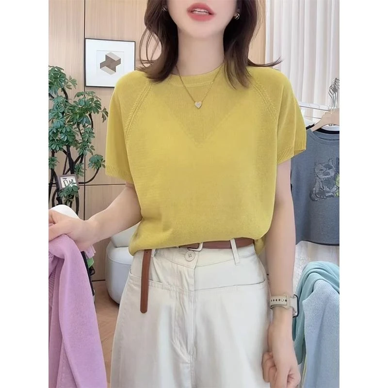 黄色薄款冰丝针织短袖t恤女2025夏季新款高级感宽松显瘦圆领上衣