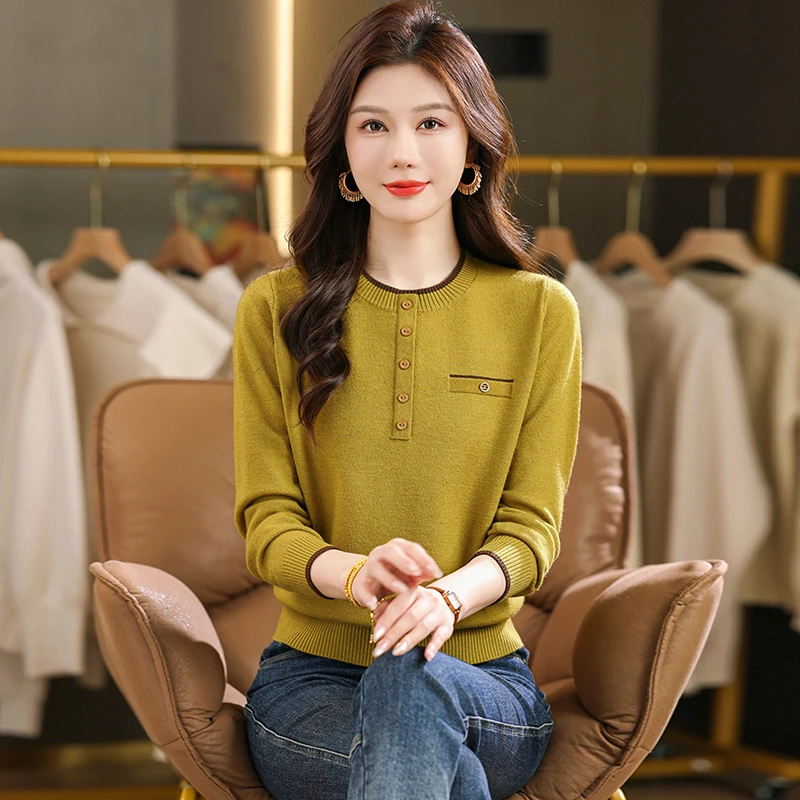 YILI秋新款提花女常规袖短款圆领气质毛针织衫打底百搭9228