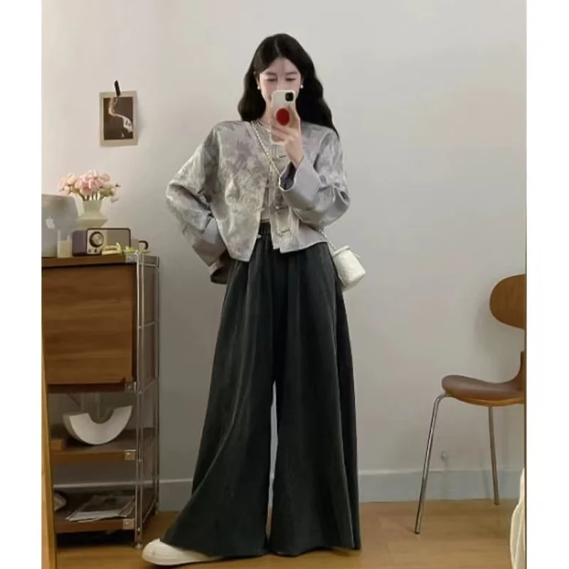 秋冬新中式国风穿搭套装女新款复古设计感盘扣暗纹印花上衣1676