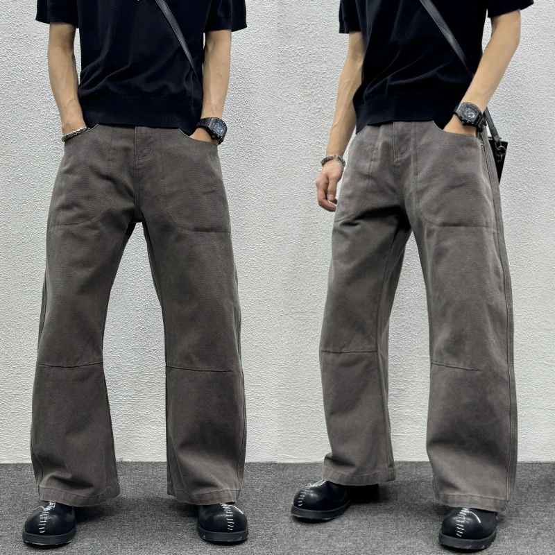 宽松复古拼接直筒裤2025秋季爆款痞帅男士牛仔裤微喇垂感阔腿裤子