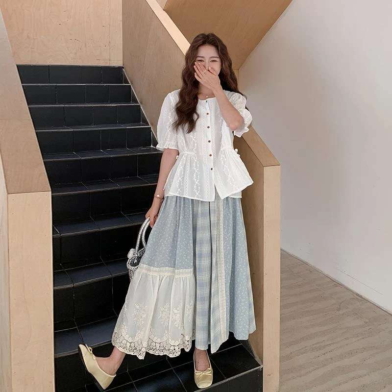 米白色短袖格纹半身裙两件套女夏拼接韩版洋气减龄法式套装#6619