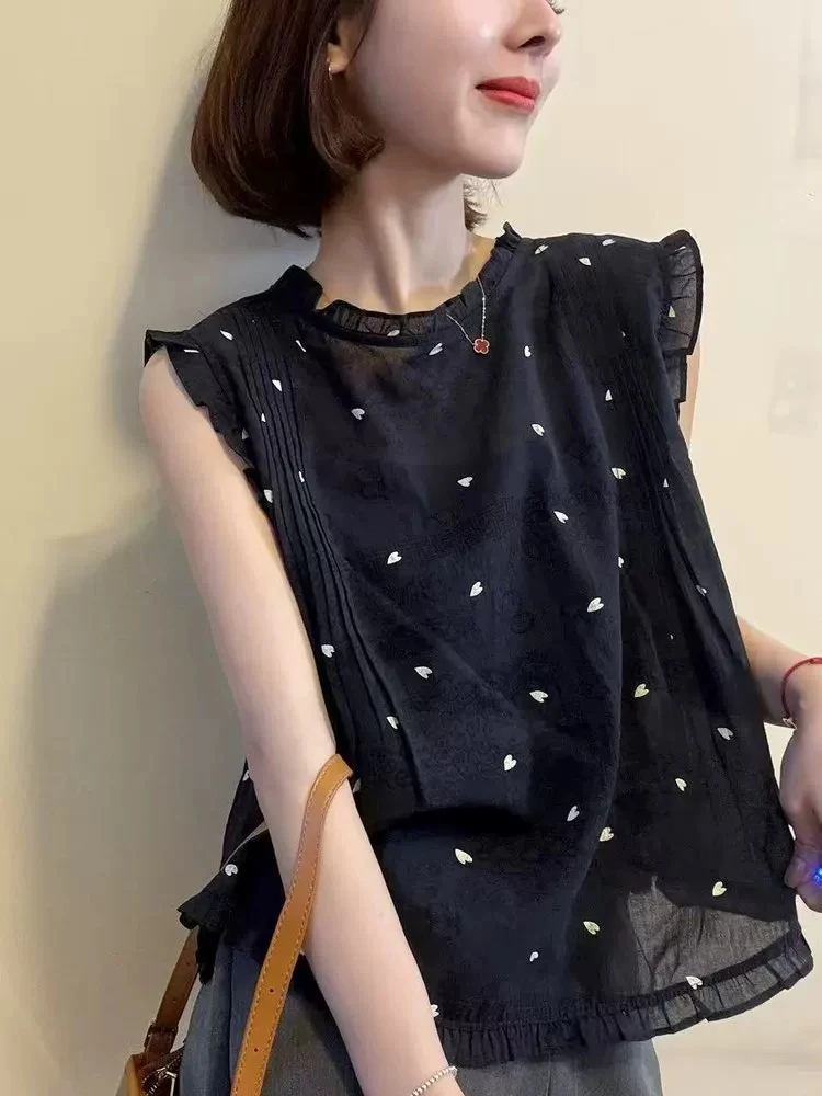 新款爆款洋气无袖设计感夏季女式宽松花边小衫宽松显瘦衬衫正品潮